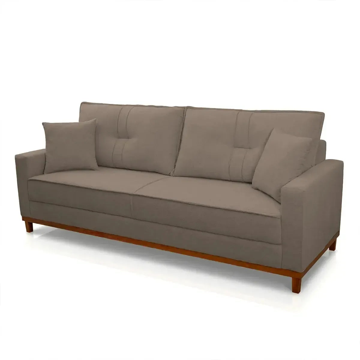 Sofá Living Malibu 2,30m marrom bouclê, design moderno com base de madeira e almofadas soltas.