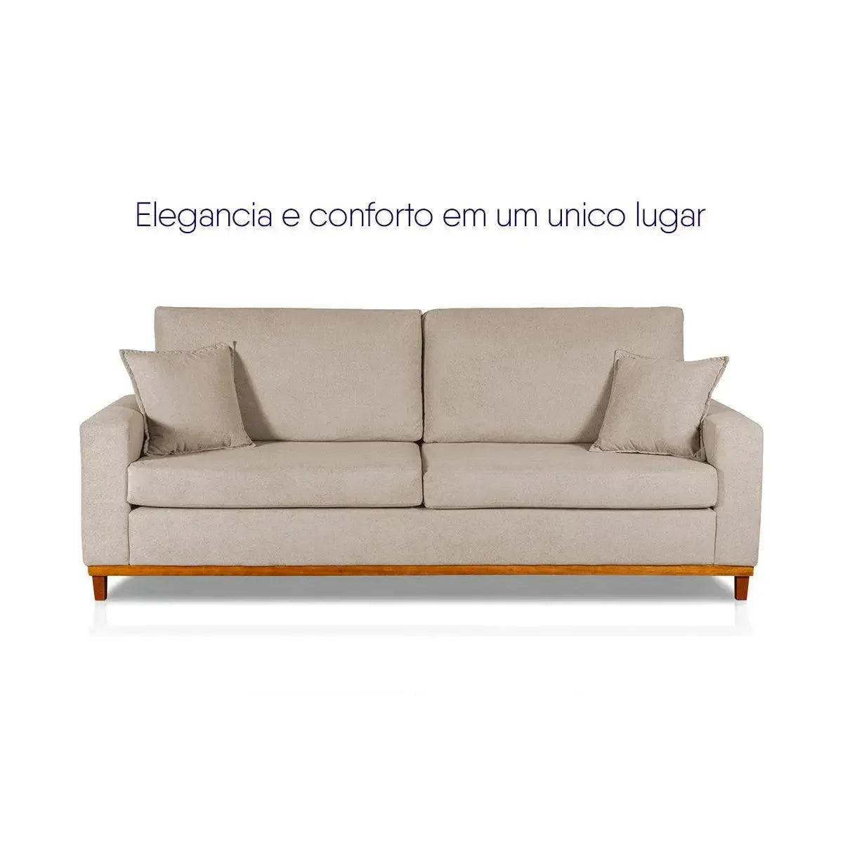 Sofá Living Marau 1,50m, bouclê bege, com base de madeira clara e almofadas decorativas.
