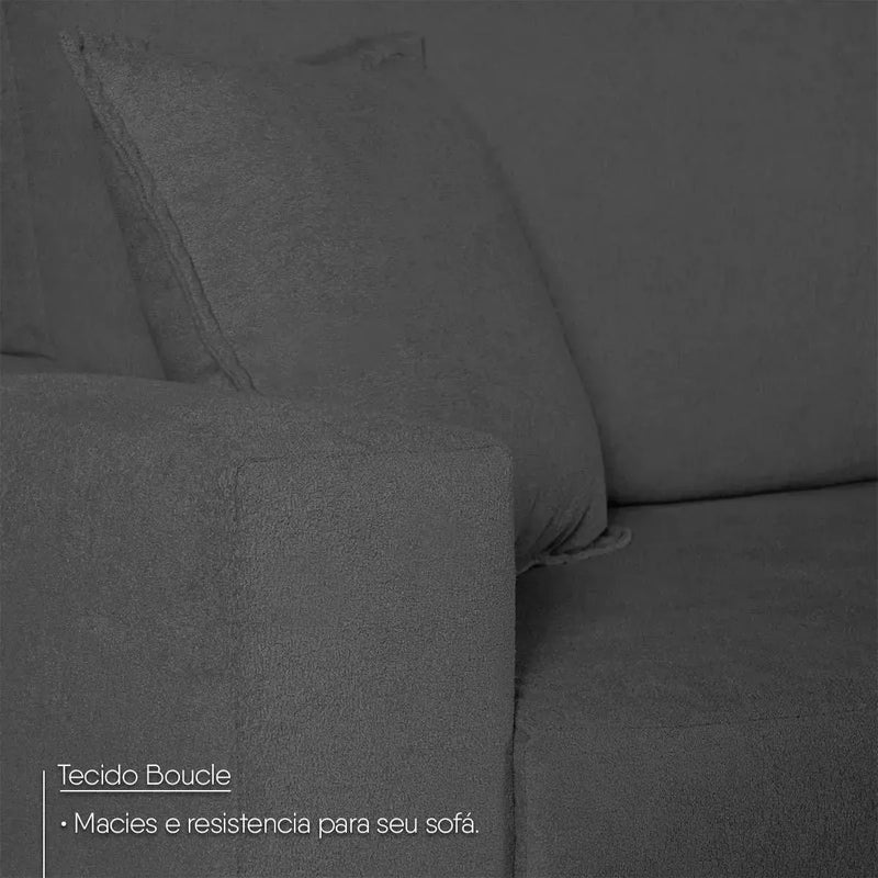 Sofá Living Marau 1,50m em bouclê grafite, com textura macia e resistente.