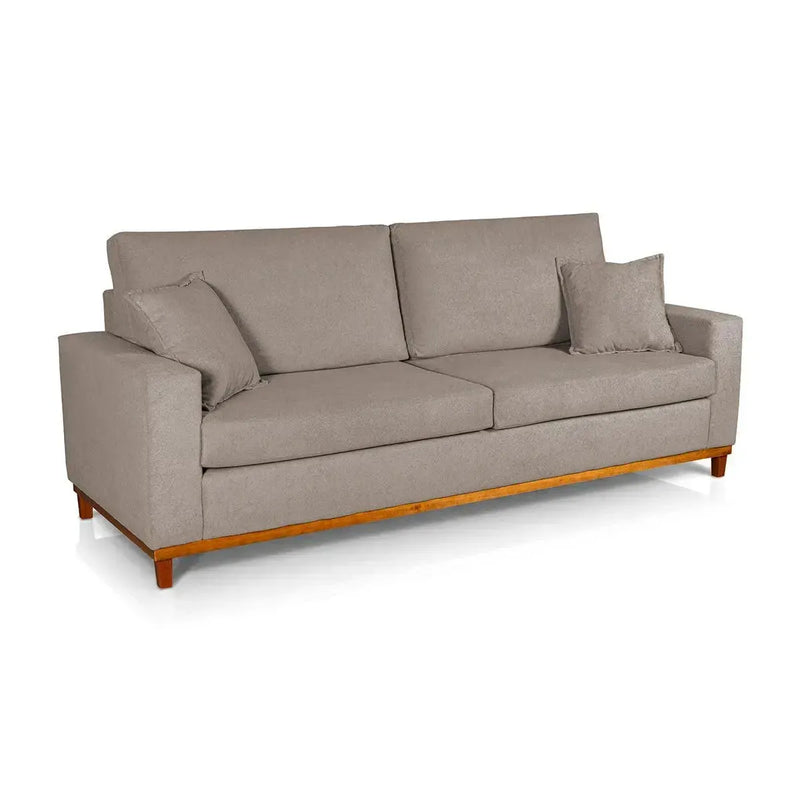 Sofá Living Marau 1,50m Bouclê Marrom com base e pés de madeira clara, design moderno.