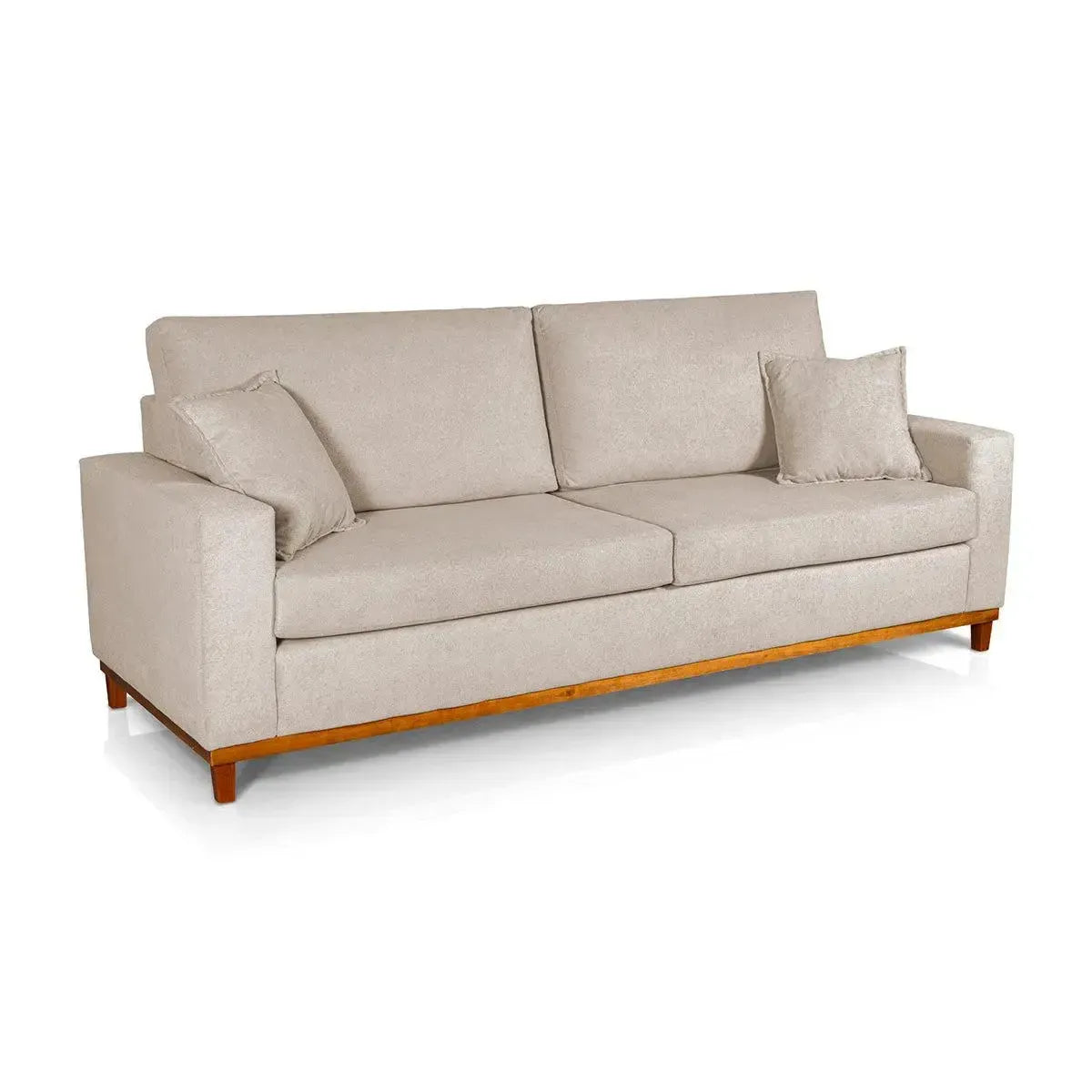 Sofá Living Marau 2,00m Bouclê Bege com base e pés de madeira clara, design moderno e elegante.