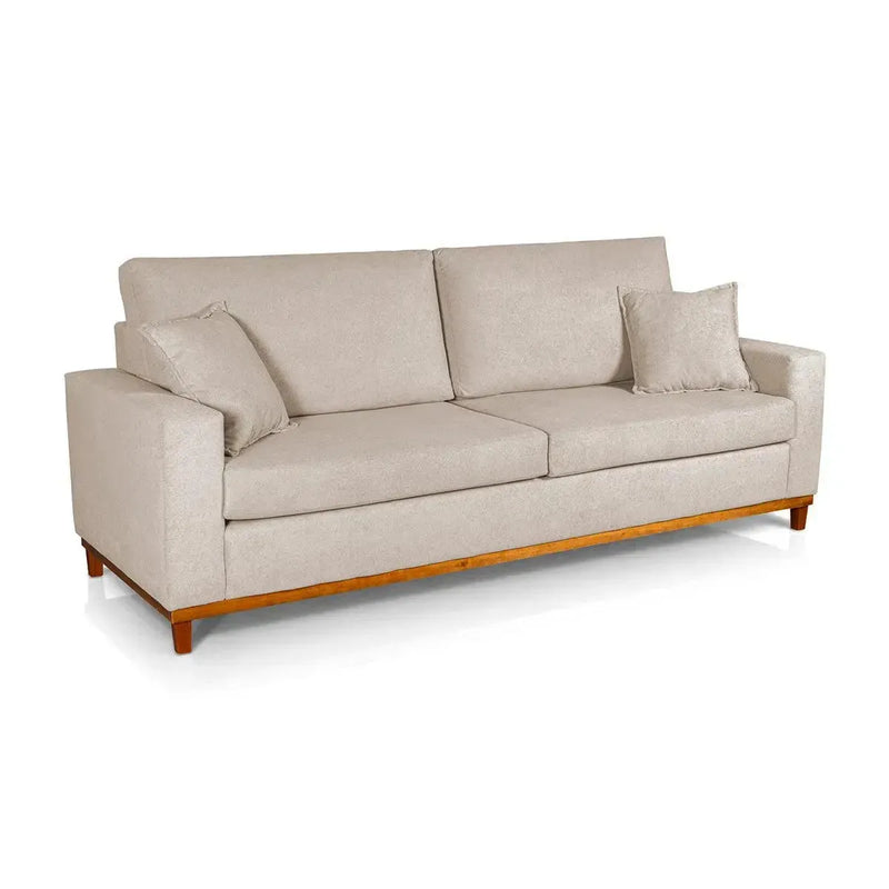 Sofá Living Marau 2,00m Bouclê Bege com base e pés de madeira clara, design moderno e elegante.