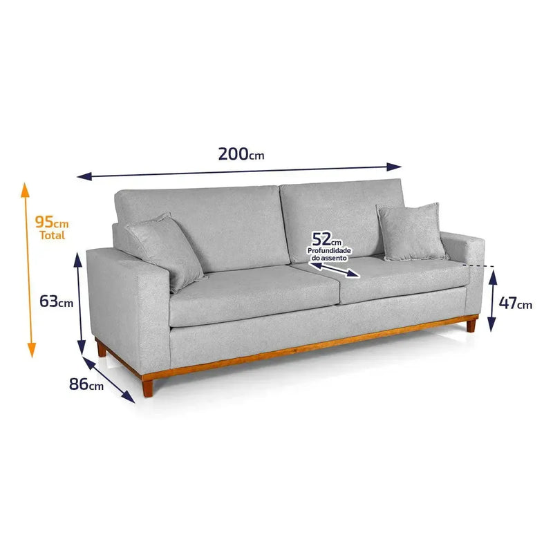 Sofá Living Marau 2,00m cinza bouclê, com design moderno, pés de madeira e almofadas soltas.