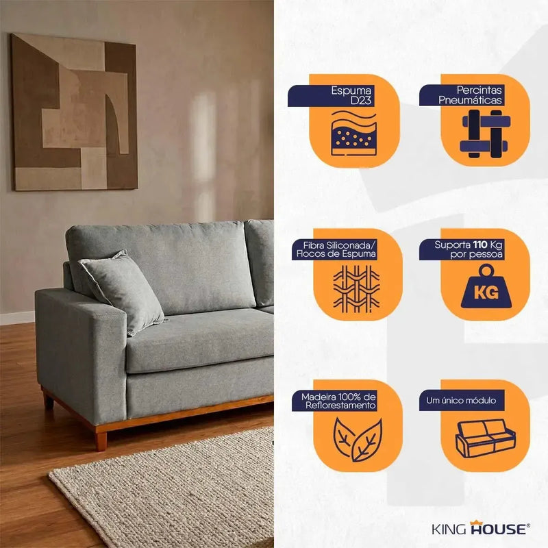 Sofá Living Marau 2,00m Bouclê Cinza com base de madeira clara, almofadas macias e design moderno.