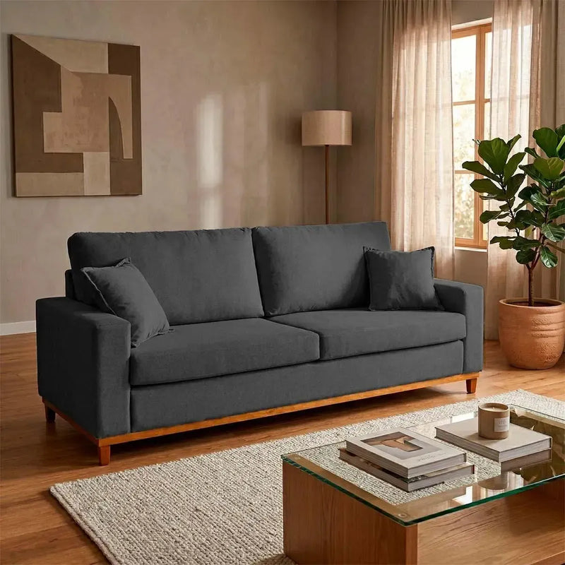 Sofá Living Marau 2,00m em bouclê grafite com base de madeira clara, design moderno e elegante.