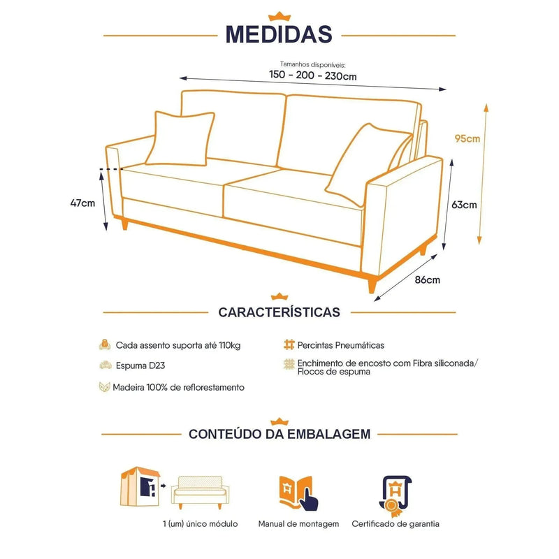 Diagrama do Sofá Living Marau, mostrando medidas de 150-230cm, altura 95cm, profundidade 86cm.
