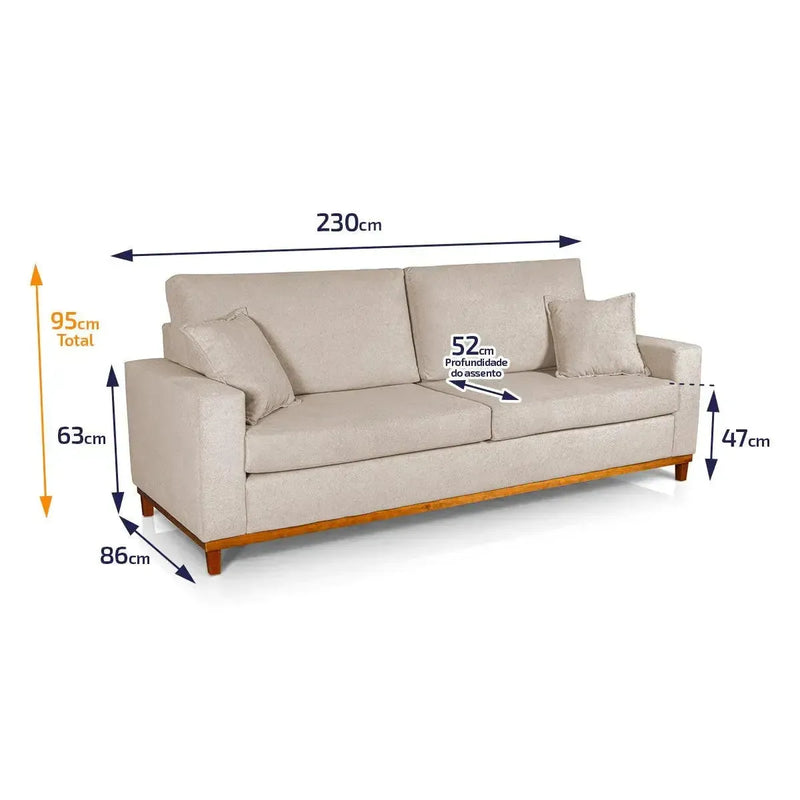 Sofá Living Marau 2,30m Bouclê Bege, design moderno com pés de madeira e almofadas soltas.