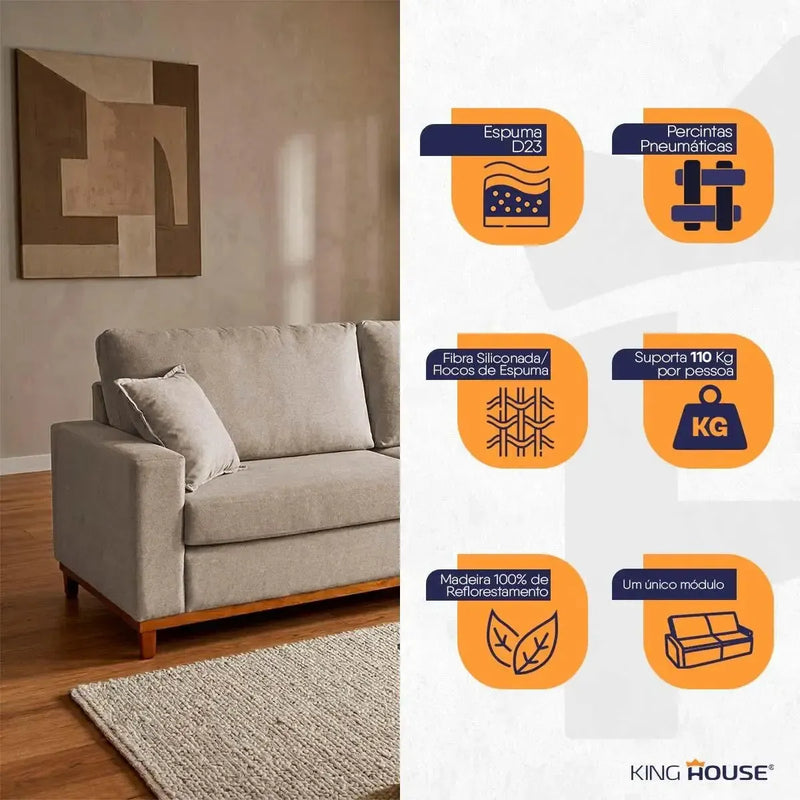 Sofá Living Marau 2,30m em Bouclê Bege, com design moderno e pés de madeira.