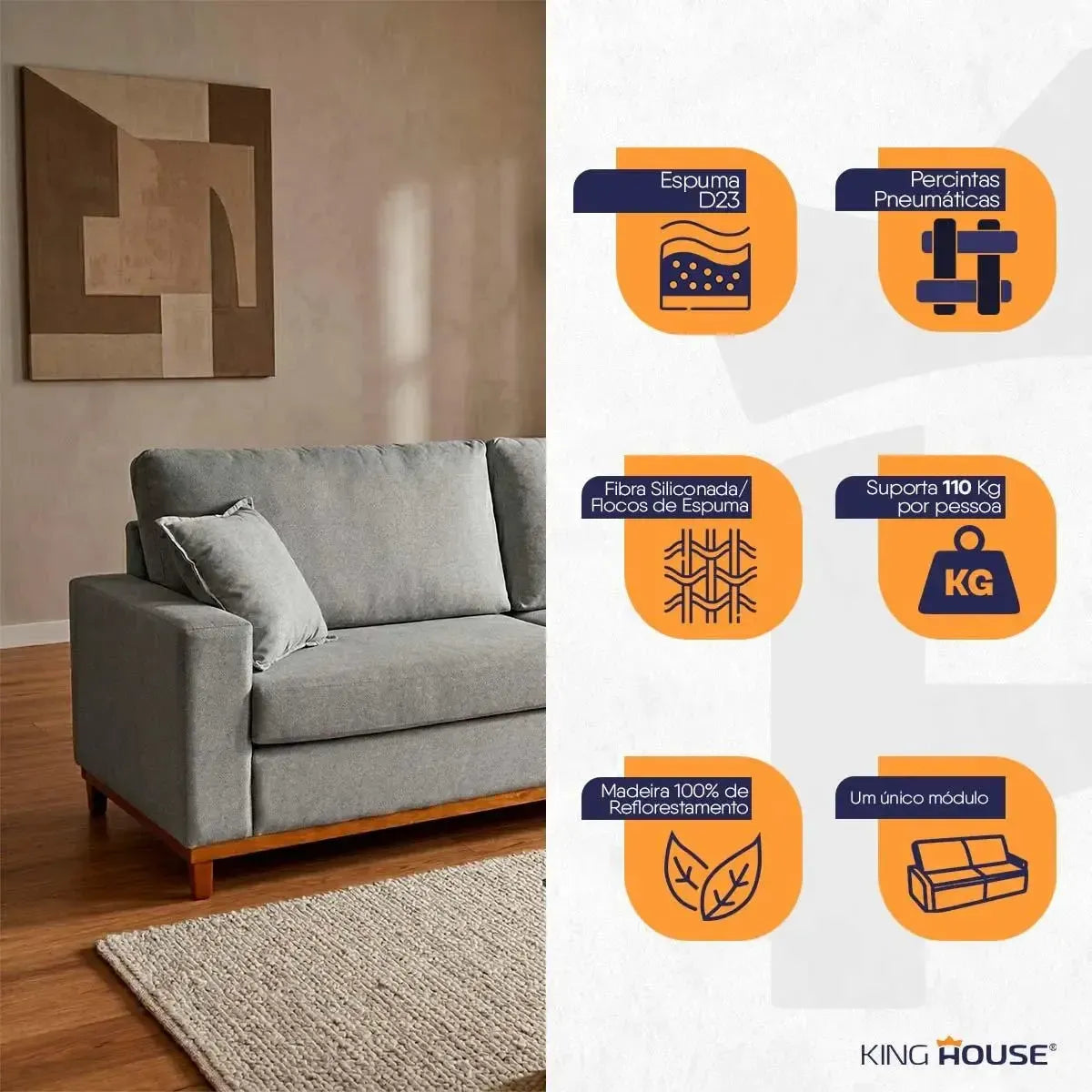 Sofá Living Marau 2,30m Bouclê Cinza com base de madeira e almofada decorativa.