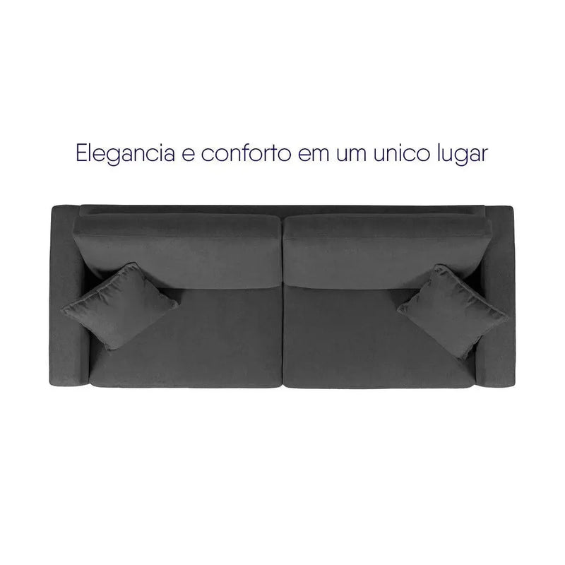 Sofá Living Marau 2,30m Bouclê Grafite, vista superior, com almofadas decorativas.