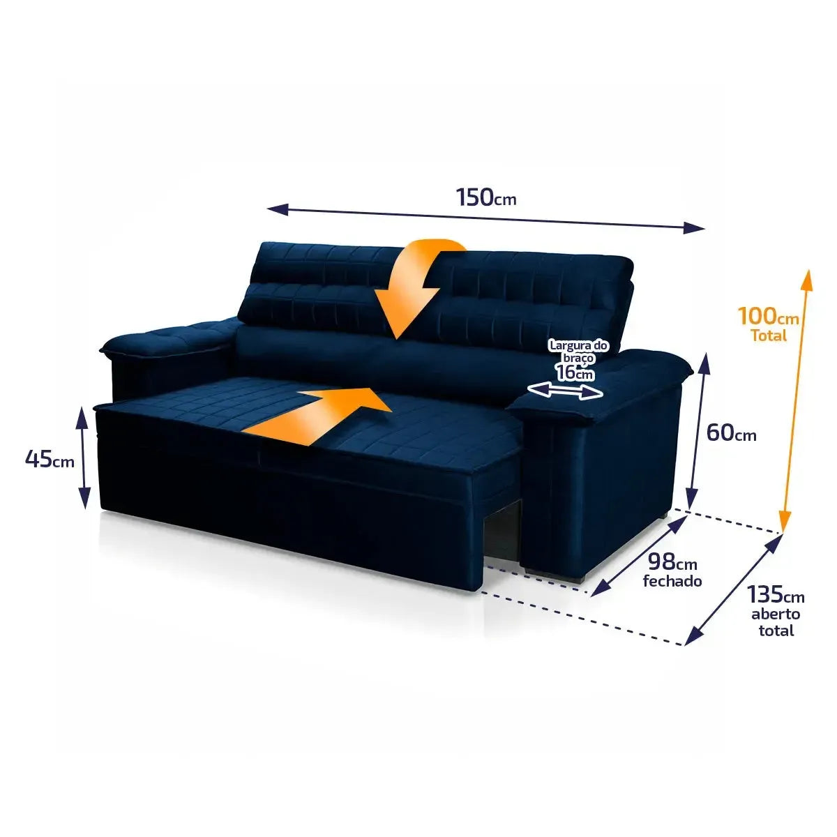 Sofá Retrátil Reclinável 2 lugares com molas 1,50m Quantum Suede Velut Azul