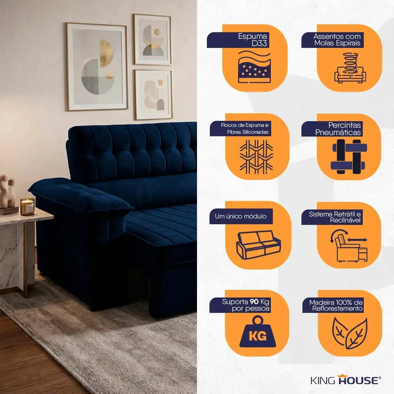 Sofá Retrátil Reclinável 2 lugares com molas 1,50m Quantum Suede Velut Azul