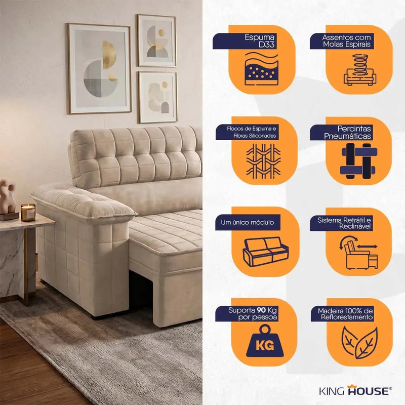 Sofá Retrátil Reclinável 2 lugares com molas 1,50m Quantum Suede Velut Bege