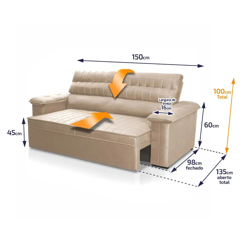 Sofá Retrátil Reclinável 2 lugares com molas 1,50m Quantum Suede Velut Cinza