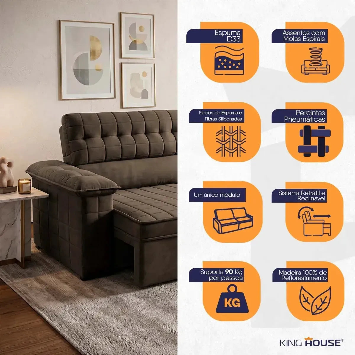Sofá Retrátil Reclinável 2 lugares com molas 1,50m Quantum Suede Velut Marrom