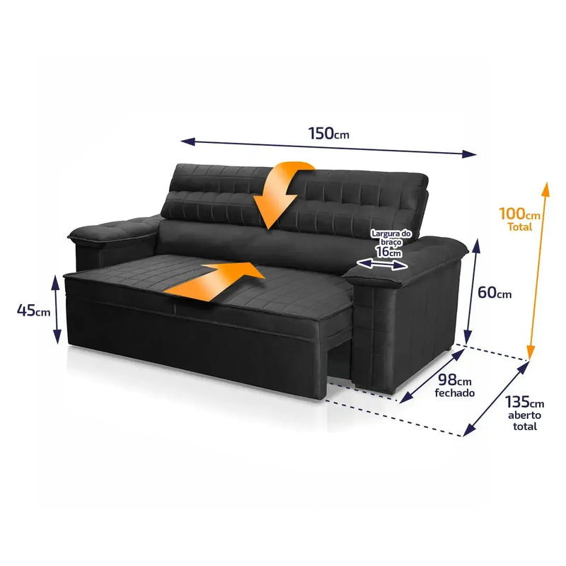 Sofá Retrátil Reclinável 2 lugares com molas 1,50m Quantum Suede Velut Preto
