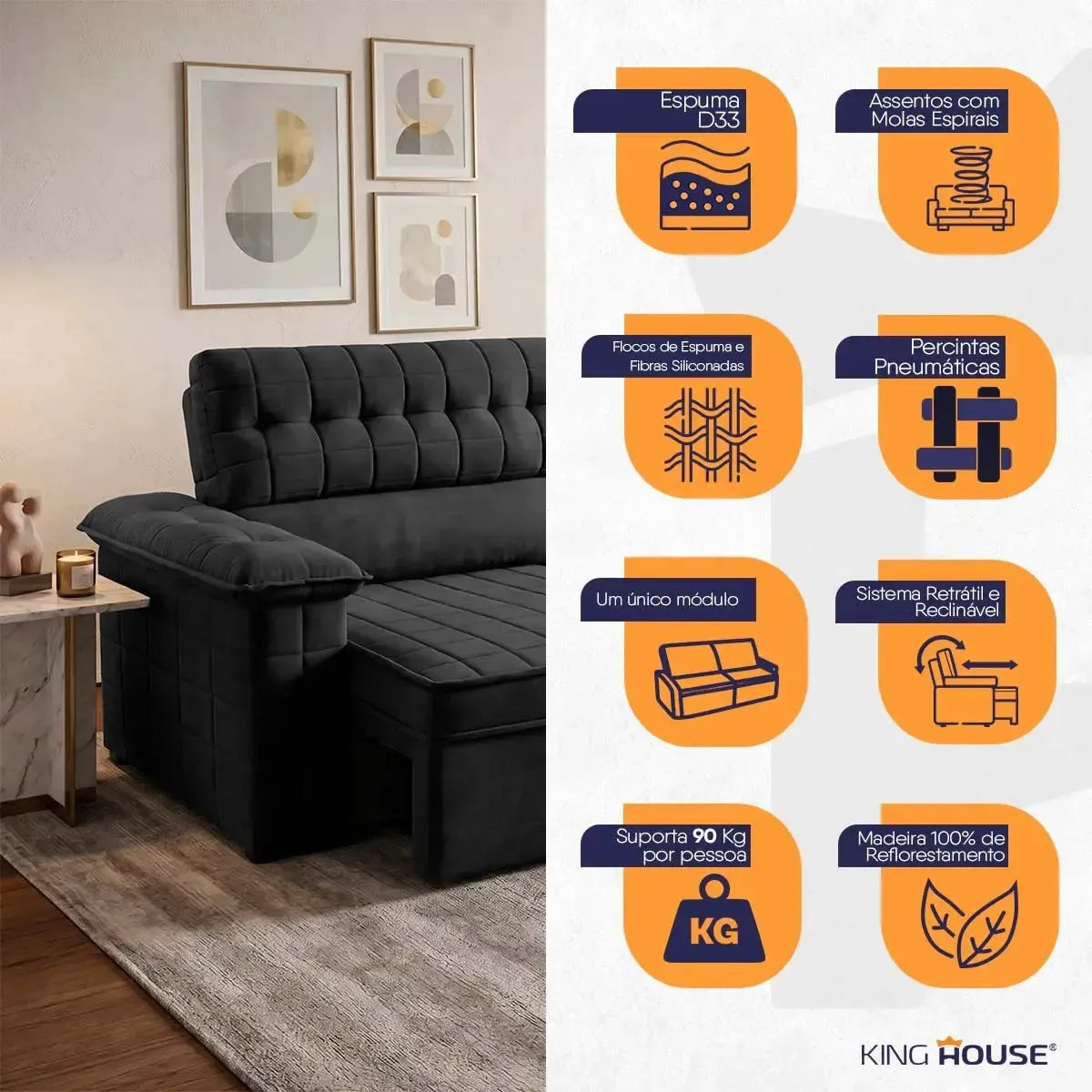 Sofá Retrátil Reclinável 2 lugares com molas 1,50m Quantum Suede Velut Preto