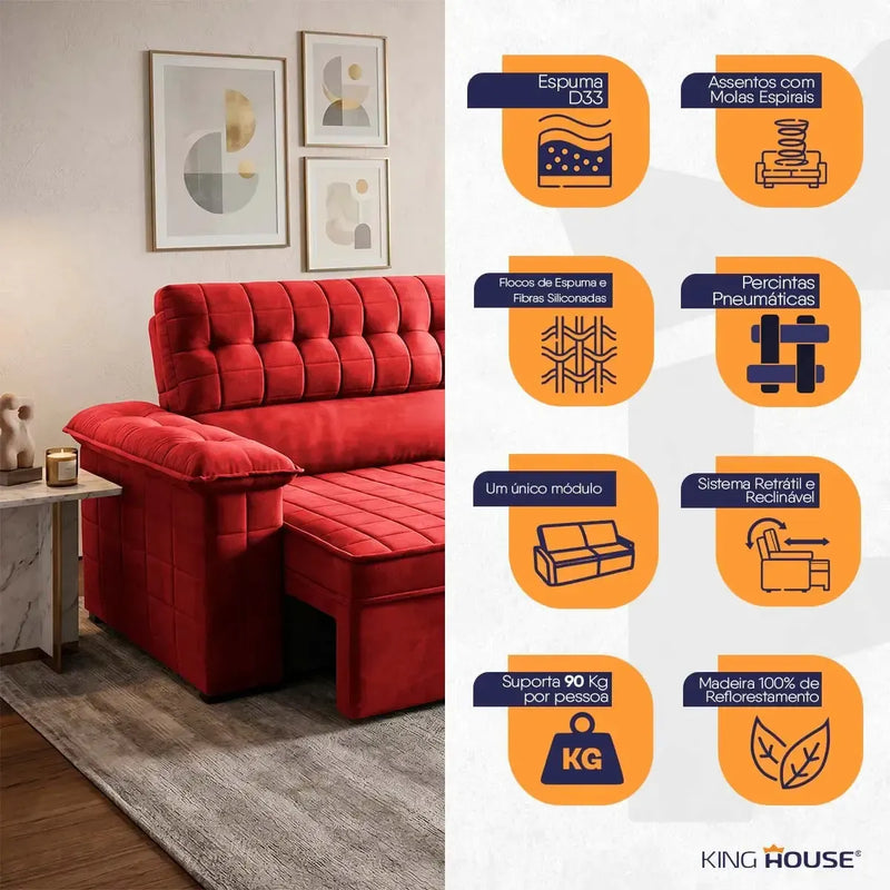 Sofá Retrátil Reclinável 2 lugares com molas 1,50m Quantum Suede Velut Vermelho