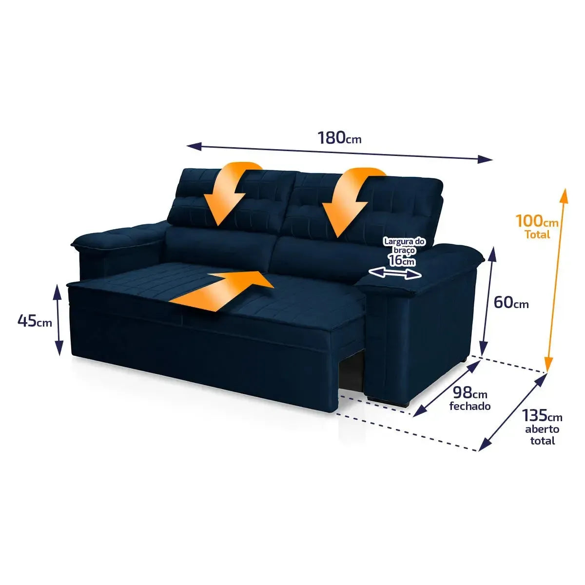 Sofá Retrátil Reclinável 2 lugares com molas 1,80m Quantum Suede Velut Azul