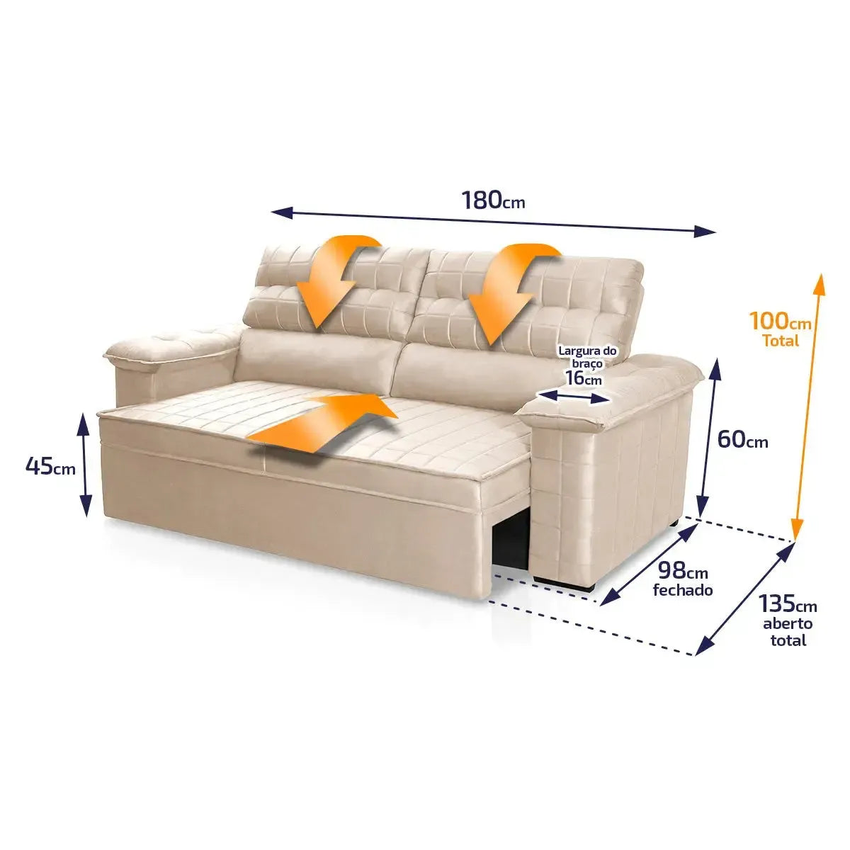 Sofá Retrátil Reclinável 2 lugares com molas 1,80m Quantum Suede Velut Bege