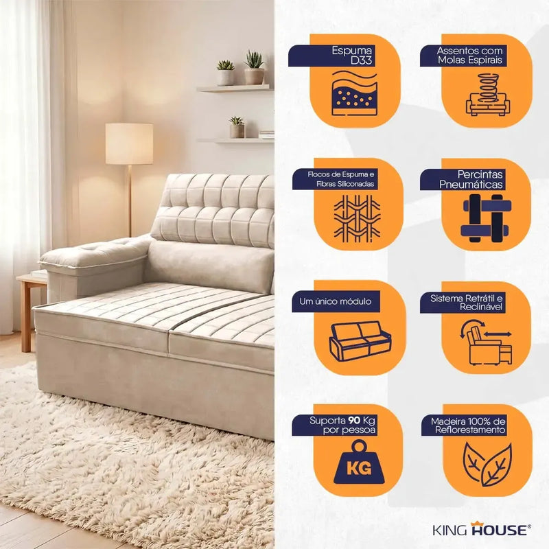 Sofá Retrátil Reclinável 2 lugares com molas 1,80m Quantum Suede Velut Bege