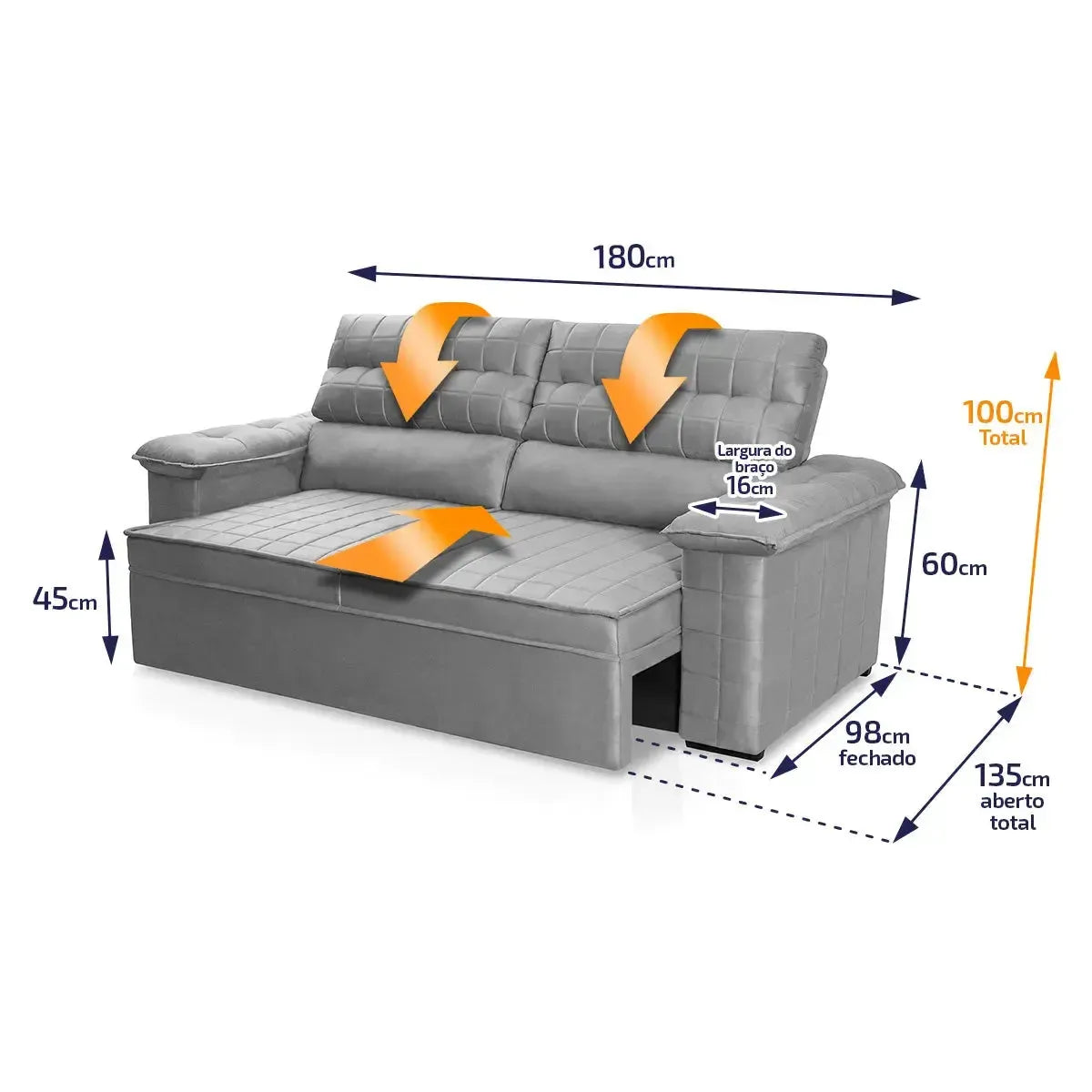 Sofá Retrátil Reclinável 2 lugares com molas 1,80m Quantum Suede Velut Cinza