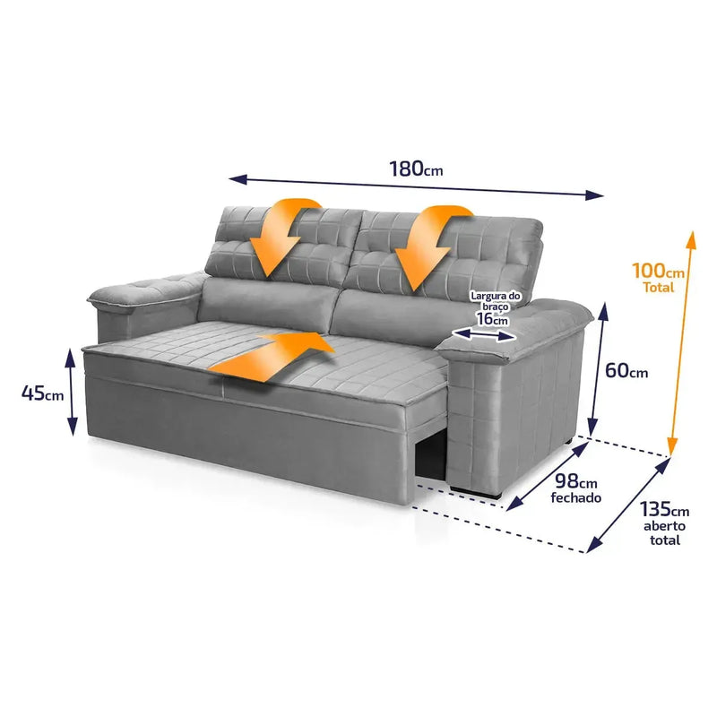 Sofá Retrátil Reclinável 2 lugares com molas 1,80m Quantum Suede Velut Cinza