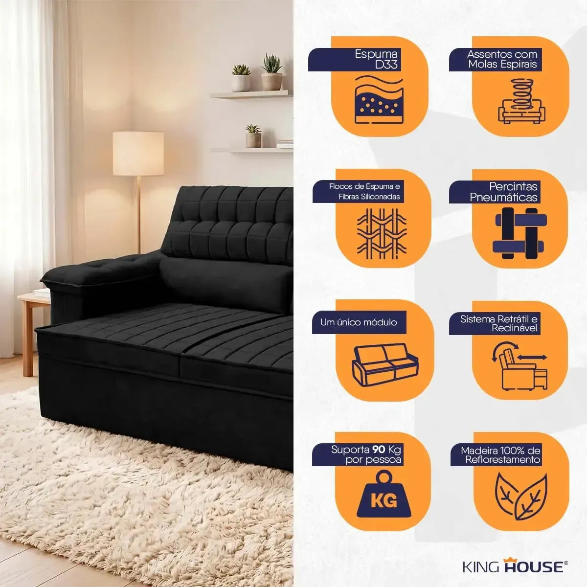 Sofá Retrátil Reclinável 2 lugares com molas 1,80m Quantum Suede Velut Preto