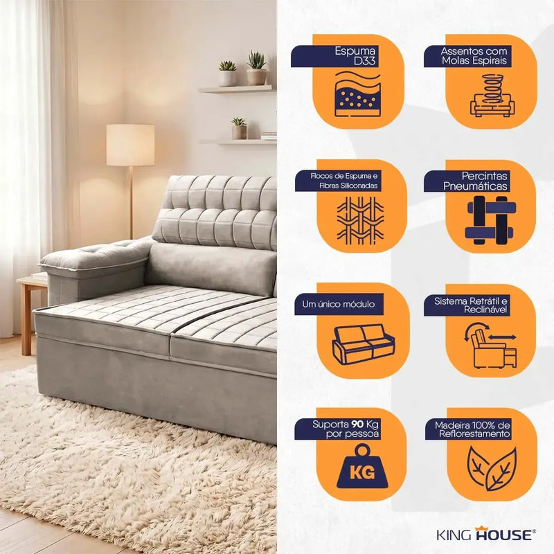 Sofá Retrátil Reclinável 2 lugares com molas 1,80m Quantum Suede Velut Tabaco