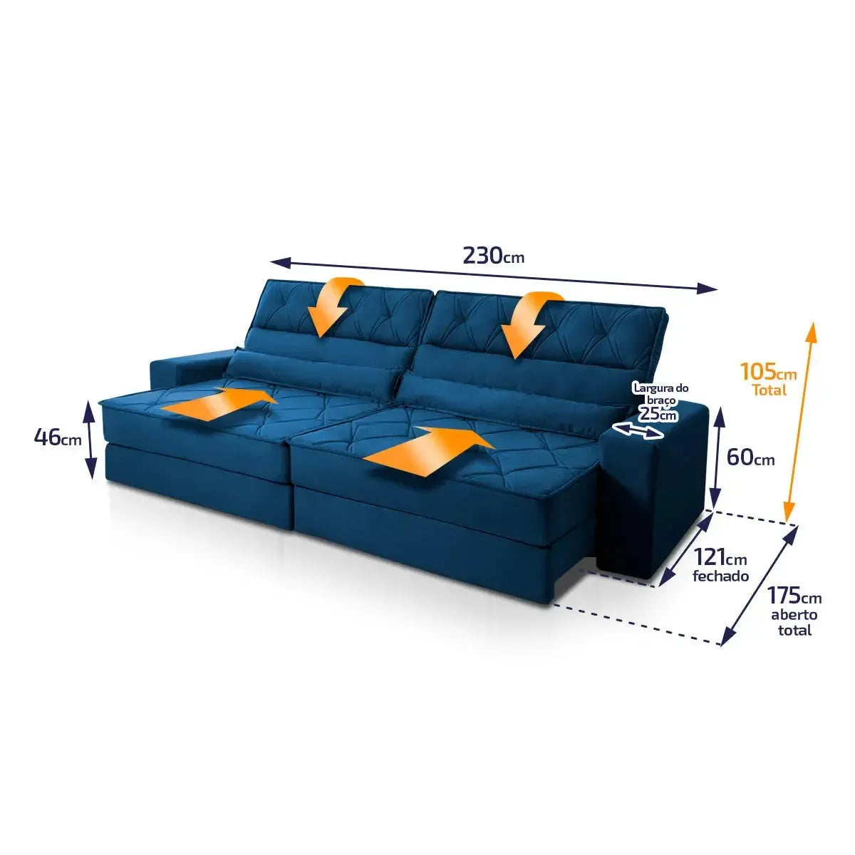 Sofá Retrátil Reclinável 2,30m Albany Suede Velut Azul Marinho Molas Ensacadas