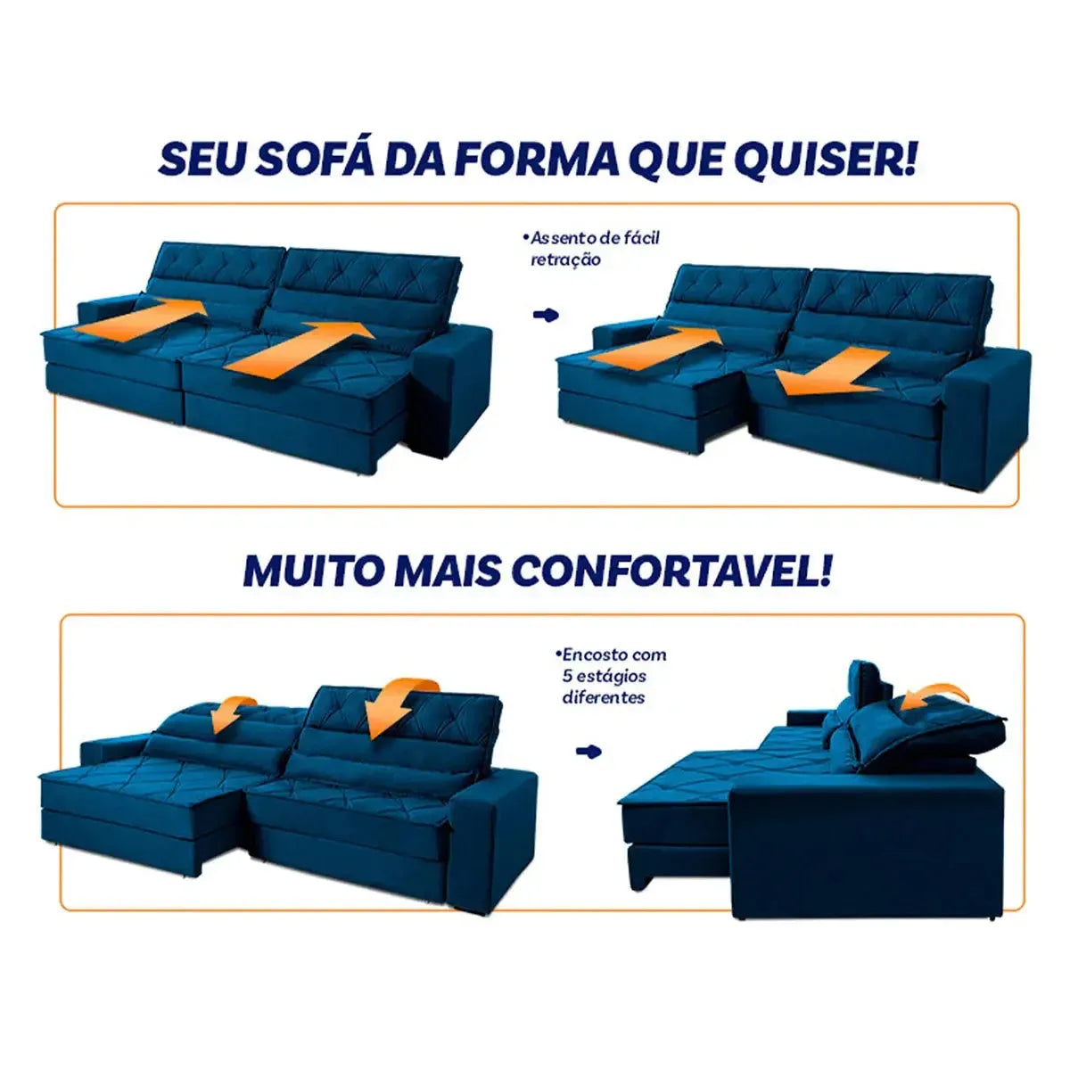 Sofá Retrátil Reclinável 2,30m Albany Suede Velut Azul Marinho Molas Ensacadas