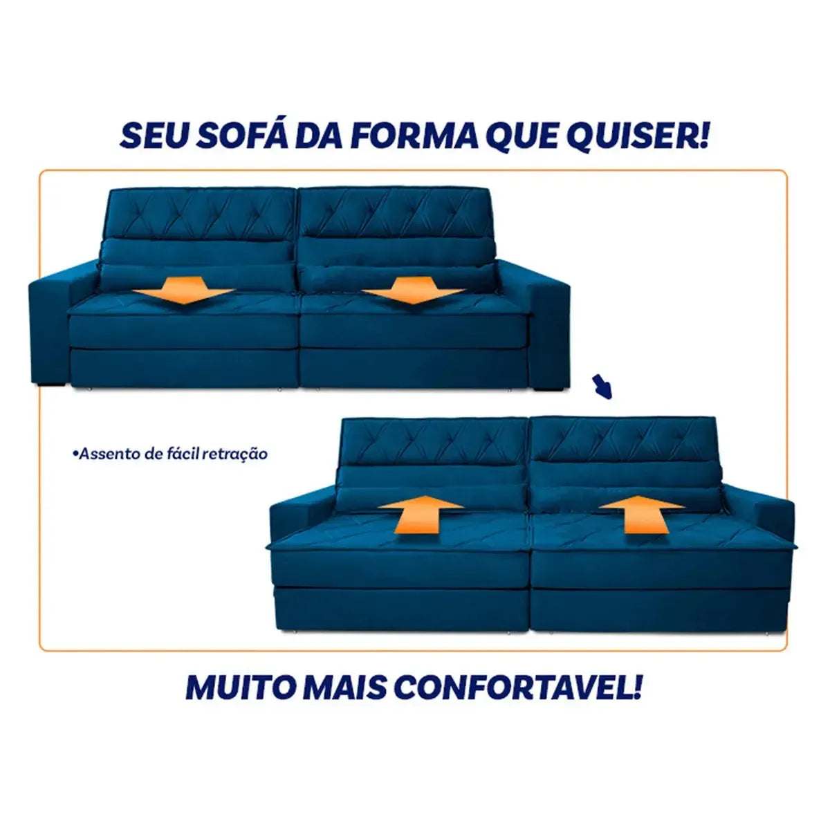 Sofá Retrátil Reclinável 2,30m Albany Suede Velut Azul Marinho Molas Ensacadas