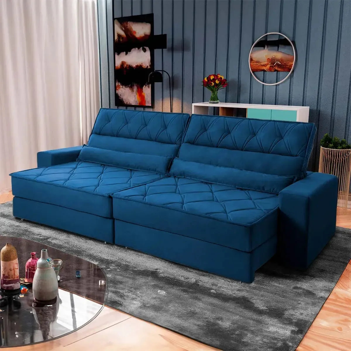 Sofá Retrátil Reclinável 2,30m Albany Suede Velut Azul Marinho Molas Ensacadas
