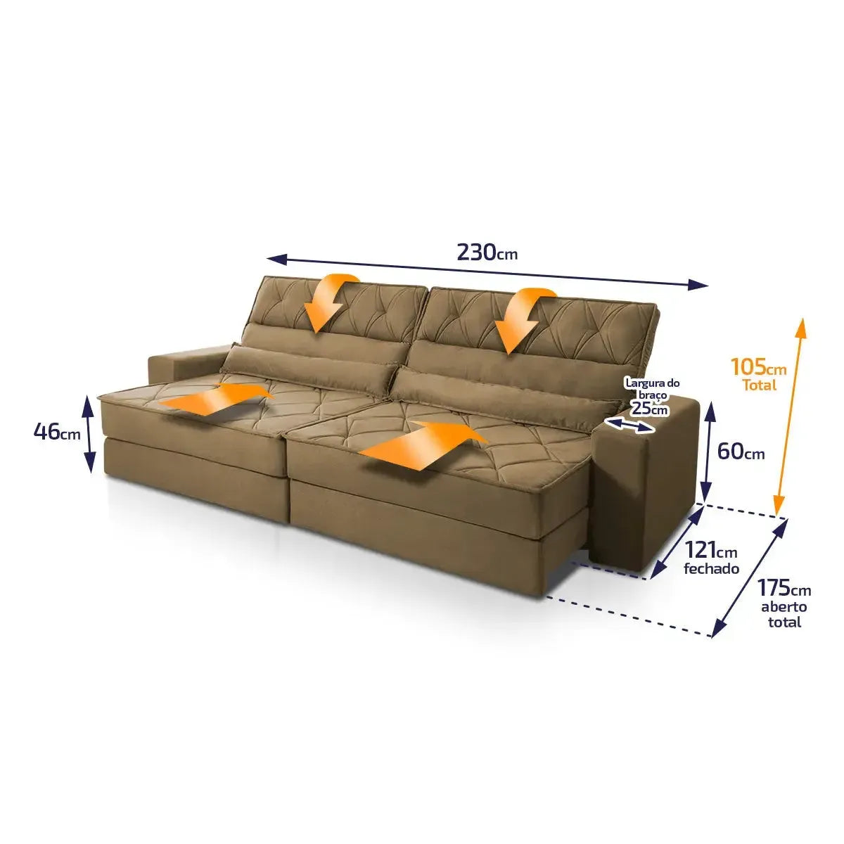 Sofá Retrátil Reclinável 2,30m Albany Suede Velut Bege Molas Ensacadas