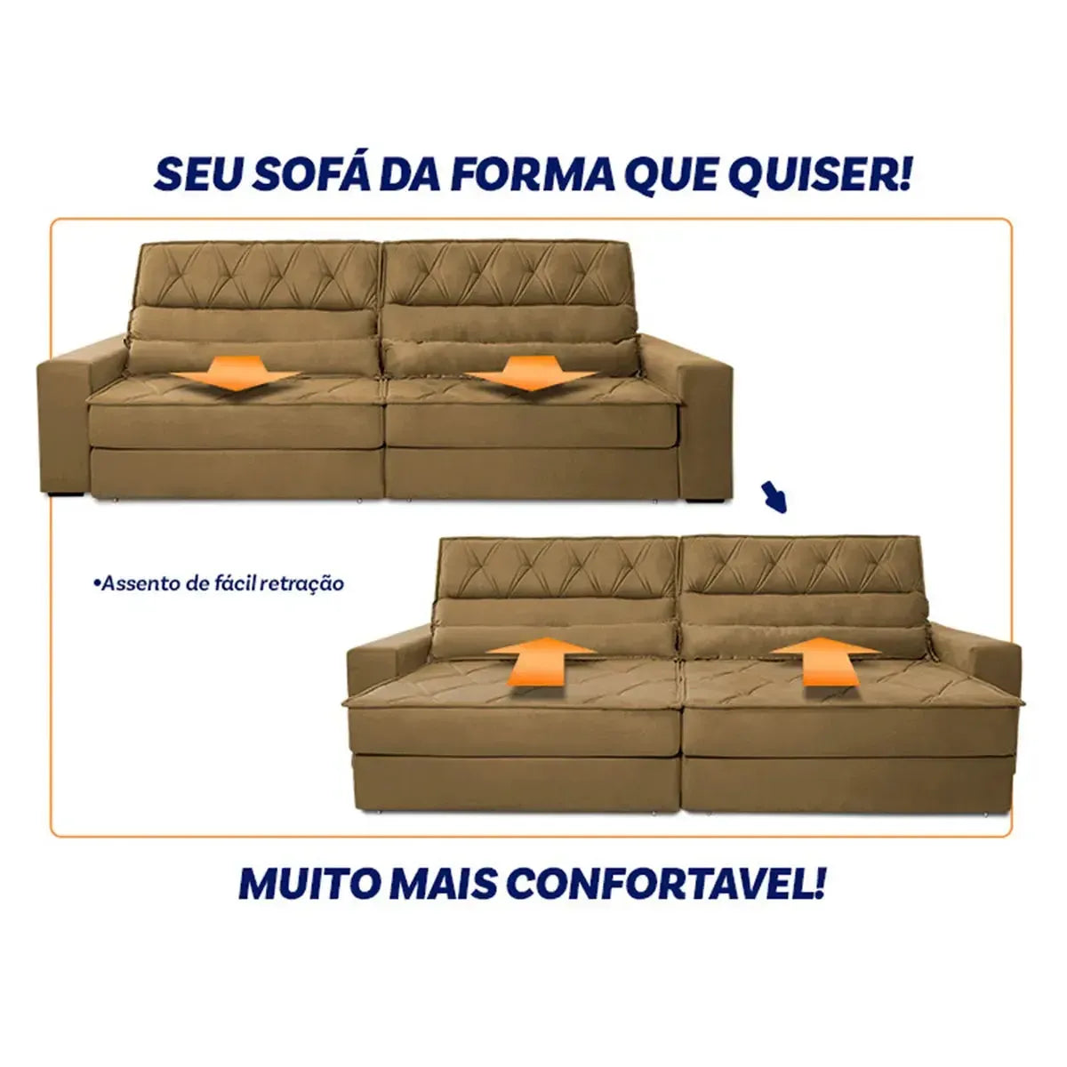 Sofá Retrátil Reclinável 2,30m Albany Suede Velut Bege Molas Ensacadas