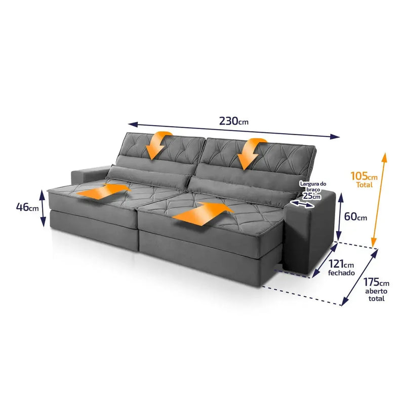 Sofá Retrátil Reclinável 2,30m Albany Suede Velut Cinza Molas Ensacadas