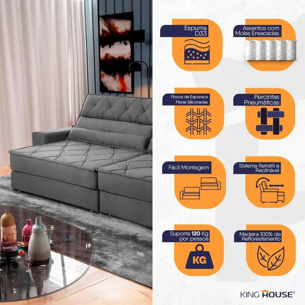 Sofá Retrátil Reclinável 2,30m Albany Suede Velut Cinza Molas Ensacadas
