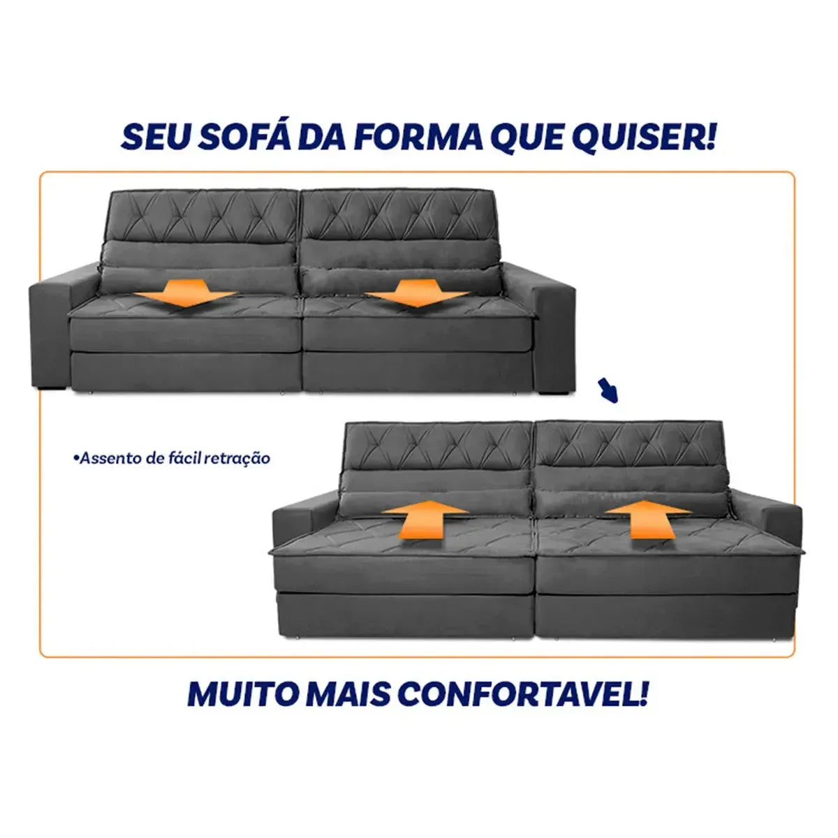 Sofá Retrátil Reclinável 2,30m Albany Suede Velut Cinza Molas Ensacadas