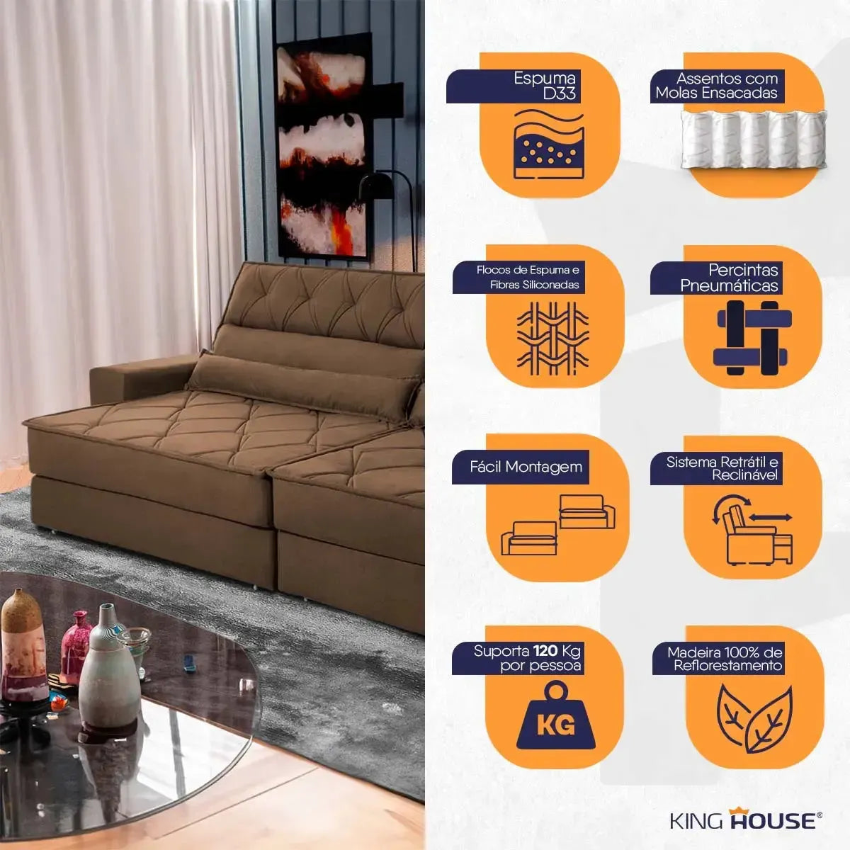 Sofá Retrátil Reclinável 2,30m Albany Suede Velut Marrom Molas Ensacadas