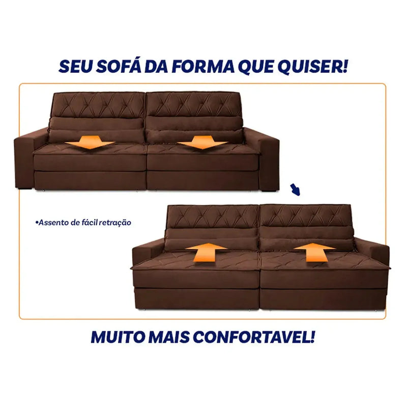 Sofá Retrátil Reclinável 2,30m Albany Suede Velut Marrom Molas Ensacadas