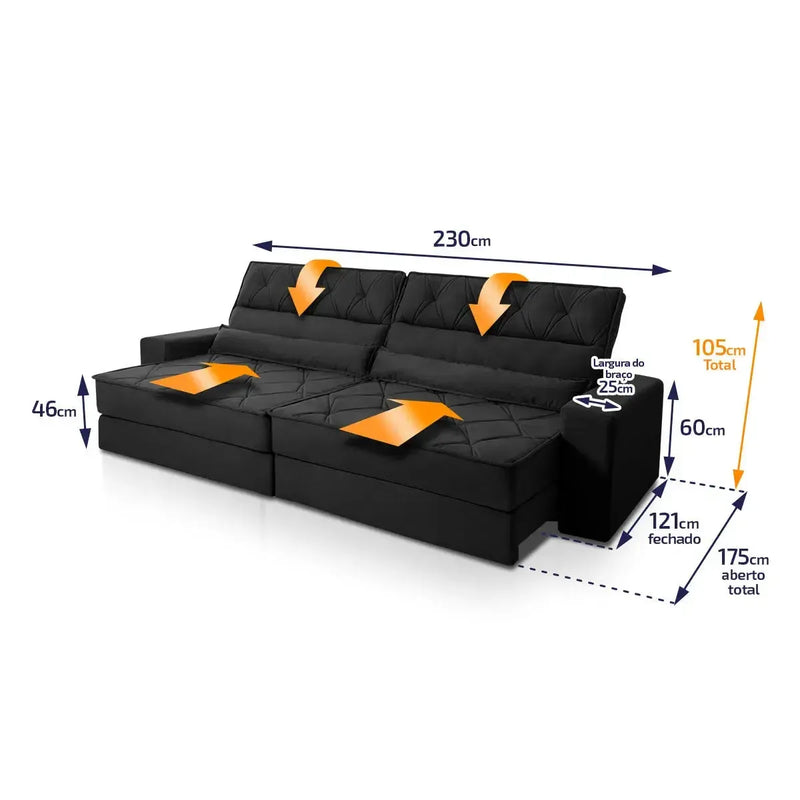 Sofá Retrátil Reclinável 2,30m Albany Suede Velut Preto Molas Ensacadas