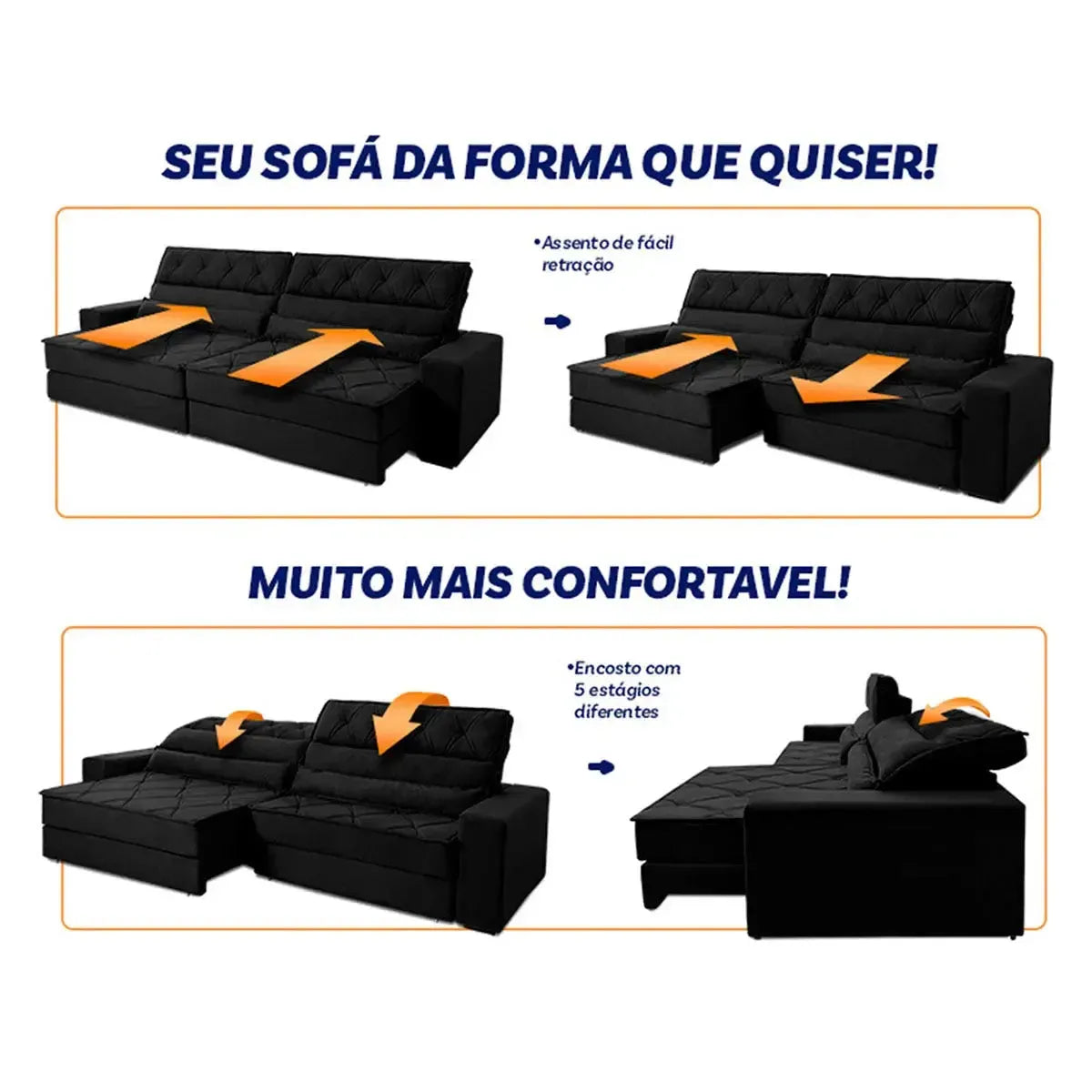 Sofá Retrátil Reclinável 2,30m Albany Suede Velut Preto Molas Ensacadas