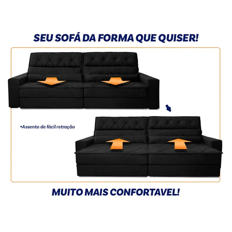Sofá Retrátil Reclinável 2,30m Albany Suede Velut Preto Molas Ensacadas