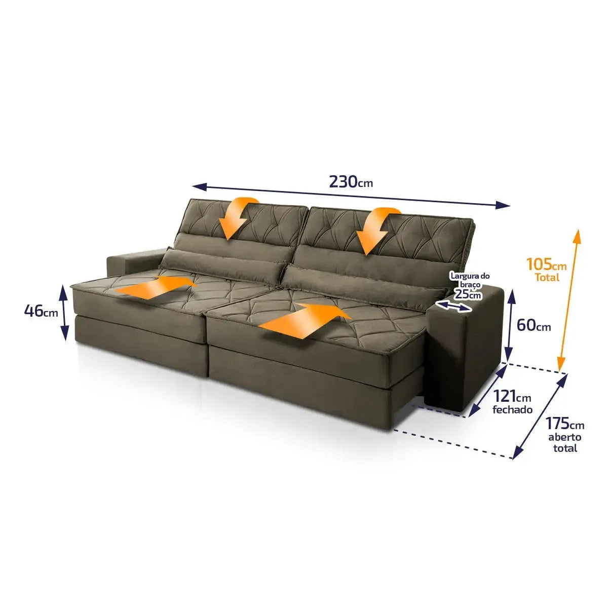 Sofá Retrátil Reclinável 2,30m Albany Suede Velut Tabaco Molas Ensacadas