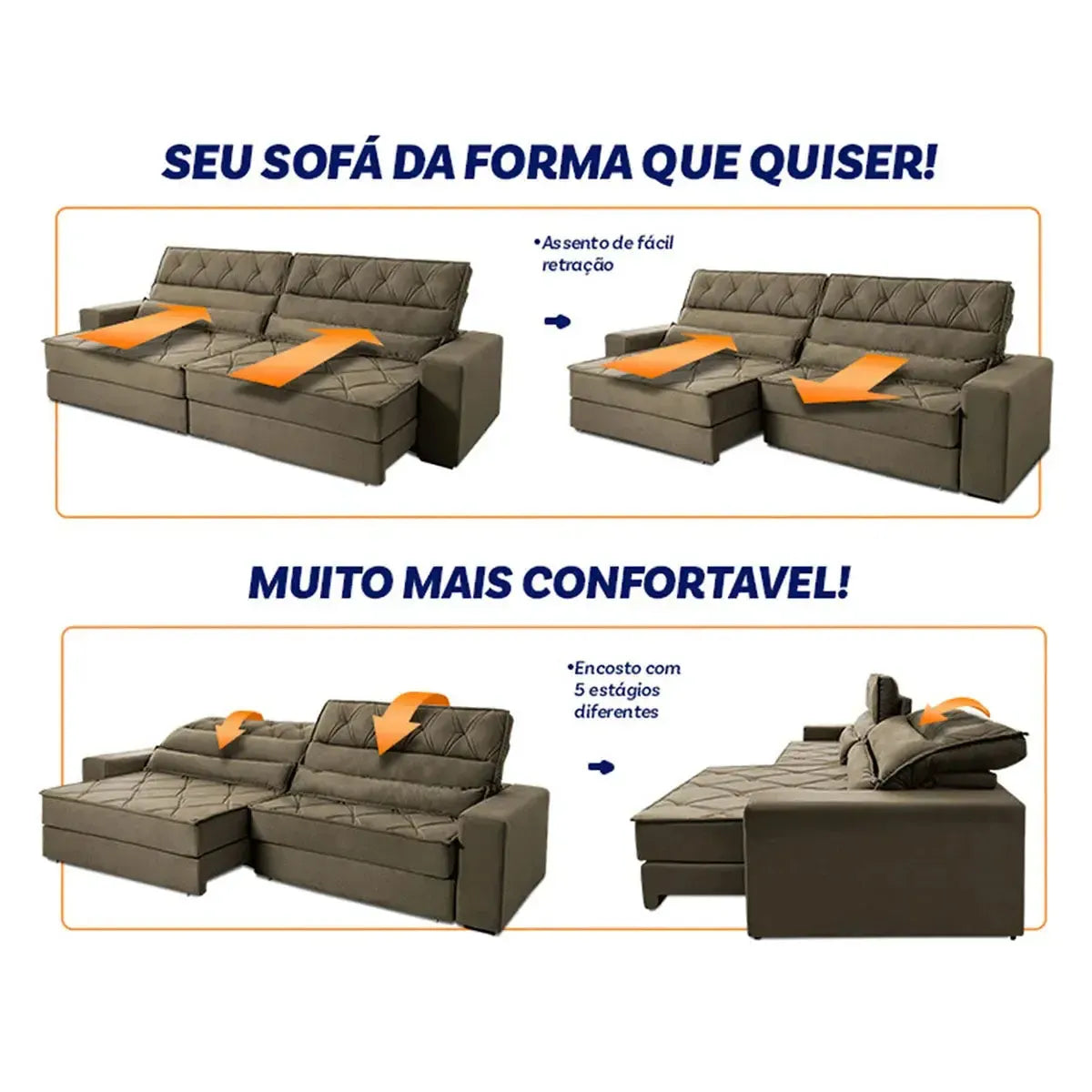 Sofá Retrátil Reclinável 2,30m Albany Suede Velut Tabaco Molas Ensacadas