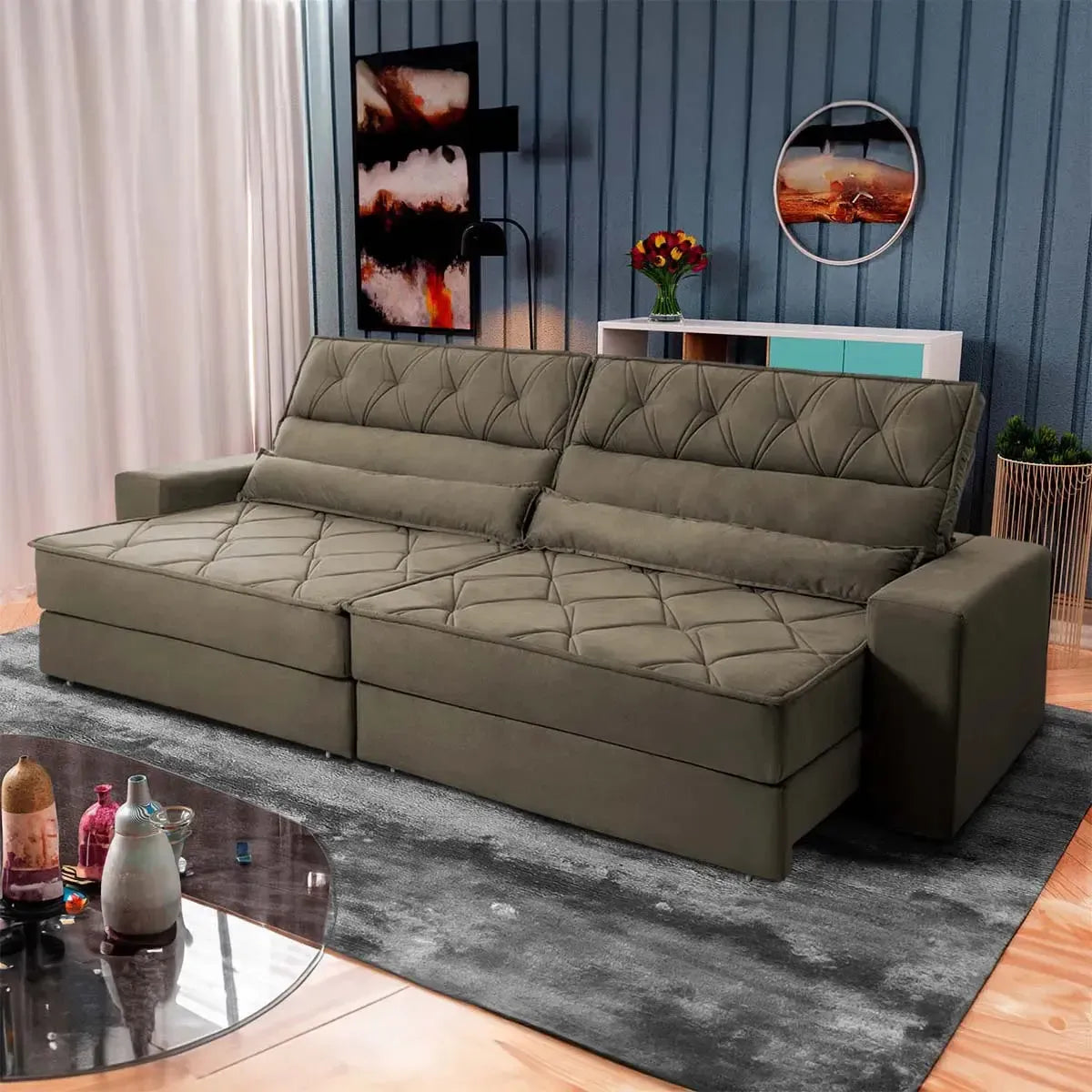Sofá Retrátil Reclinável 2,30m Albany Suede Velut Tabaco Molas Ensacadas