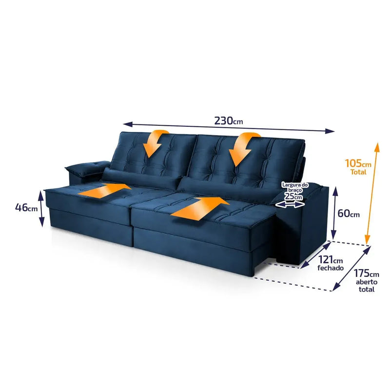 Sofá Retrátil Reclinável 2,30m Ascari Suede Velut Azul Marinho molas Ensacadas