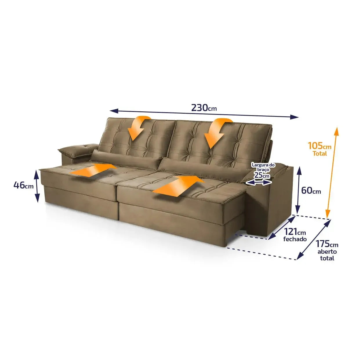 Sofá Retrátil Reclinável 2,30m Ascari Suede Velut Bege molas Ensacadas
