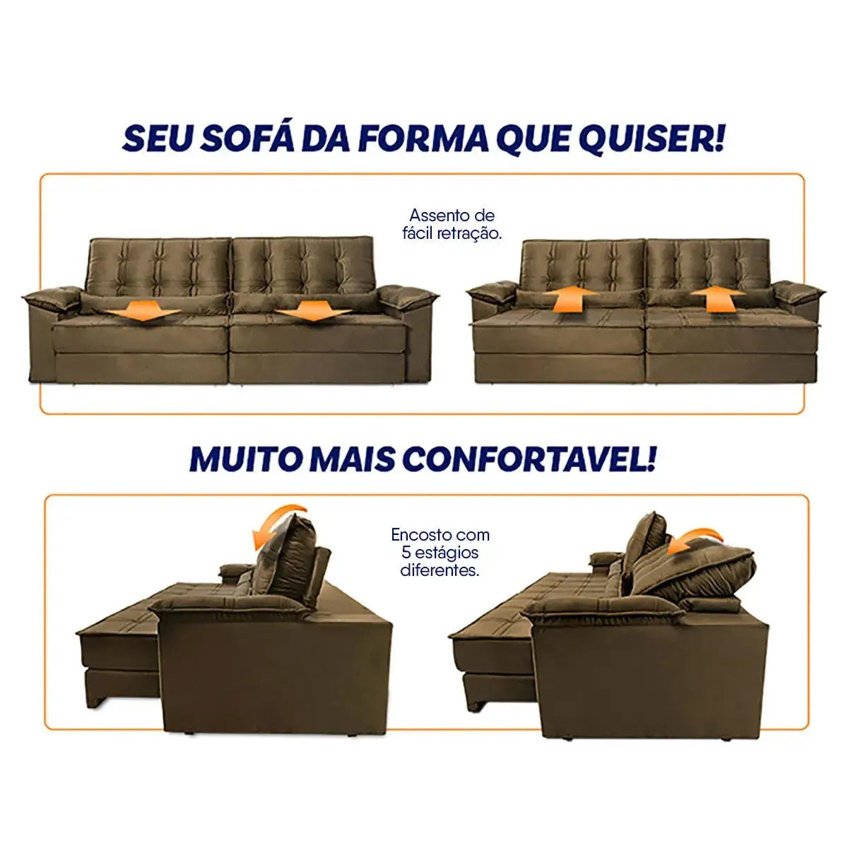 Sofá Retrátil Reclinável 2,30m Ascari Suede Velut Bege molas Ensacadas