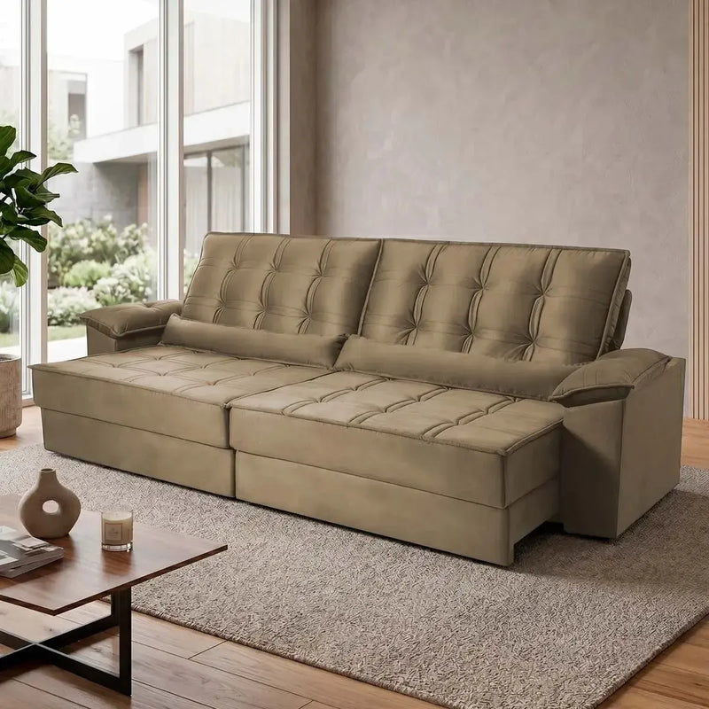 Sofá Retrátil Reclinável 2,30m Ascari Suede Velut Bege molas Ensacadas